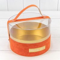 Коробка Круглая 21*14 бархатная с ручкой и прозрачной крышкой Оранжевый 1/16 Арт: 720102/2