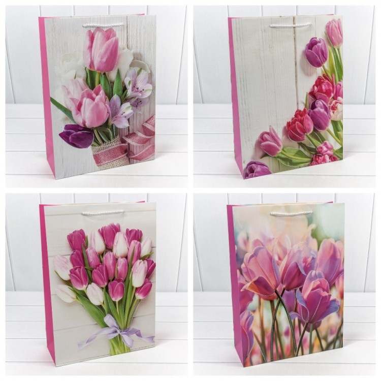 Пакет подарочный с блёстками "Тюльпаны" (микс 312) 30*41,5*12 210г 1/20 1/80 Арт: 000312A