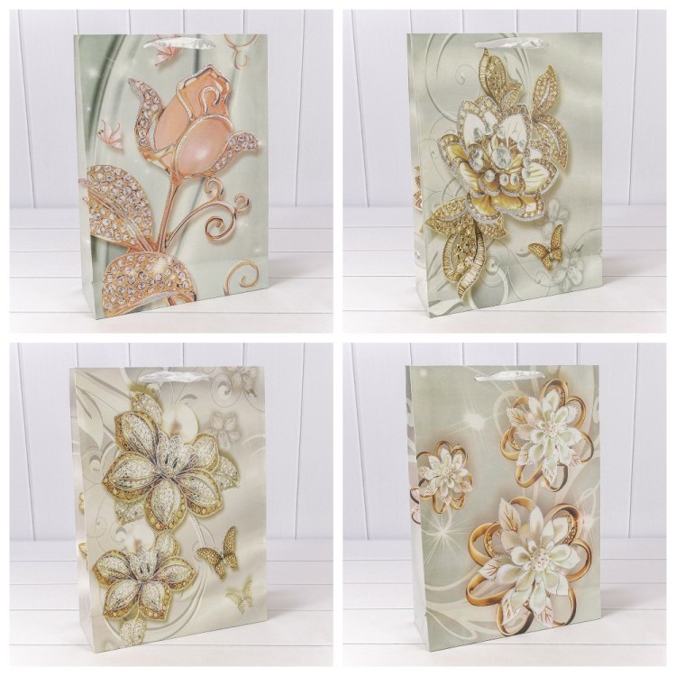 Пакет подарочный с блёстками "Цветы" (микс 202) 32*45*12 230г 1/20 1/120 Арт: 000202A