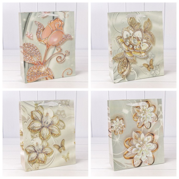 Пакет подарочный с блёстками "Цветы" (микс 202) 26*32*11 230г 1/20 1/240 Арт: 000202C