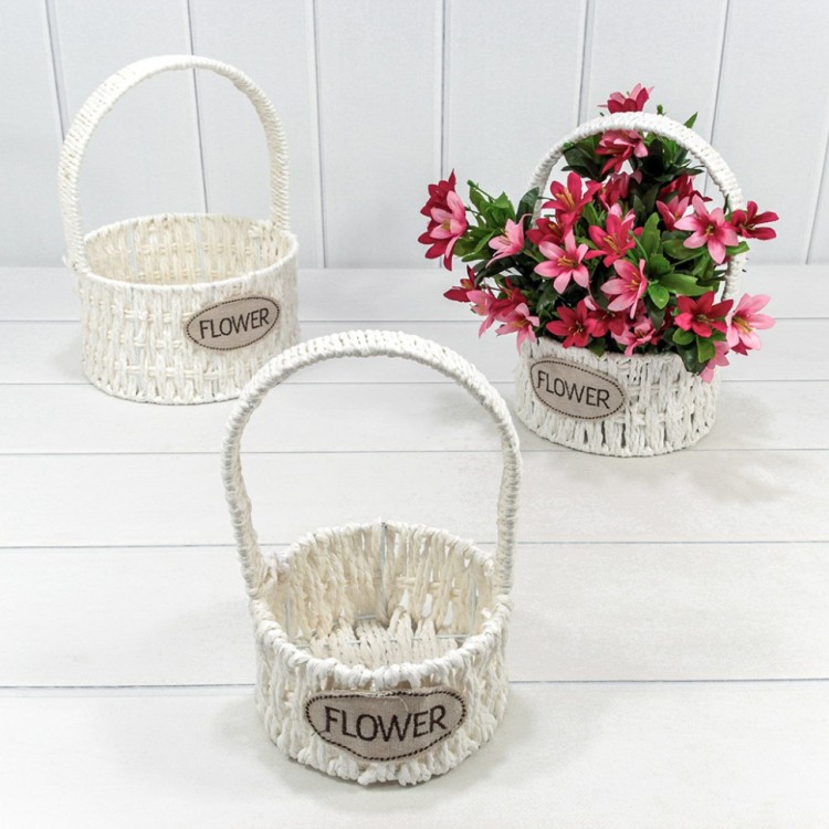 Корзины плетёные Круглые Набор 1/3 20*12/28 (±5%) из бумаги с ручкой Белый 1/24 Арт: 420186/9