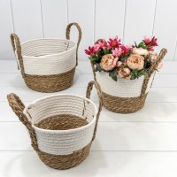 Корзины плетёные Круглые Набор 1/3 25*17 (±5%) из хлопка и камыша с ручками Белый/Натуральный 1/12 Арт: 420214/229