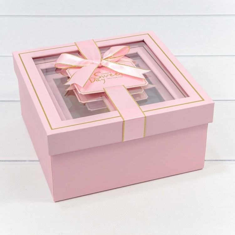 Коробки Квадратные Набор 1/3 19*19*9,5 с окошком и бантом Розовый 1/18 Арт: 721308/1