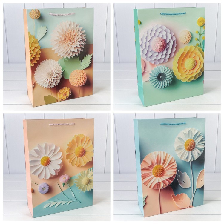 Пакет подарочный с блёстками "Цветы" (микс 261) 30*41,5*12 210г 1/20 1/80 Арт: 000261A