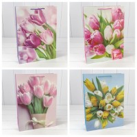 Пакет подарочный с блёстками "Тюльпаны" (микс) 30*41,5*12 210г 1/20 1/120 Арт: 000311A