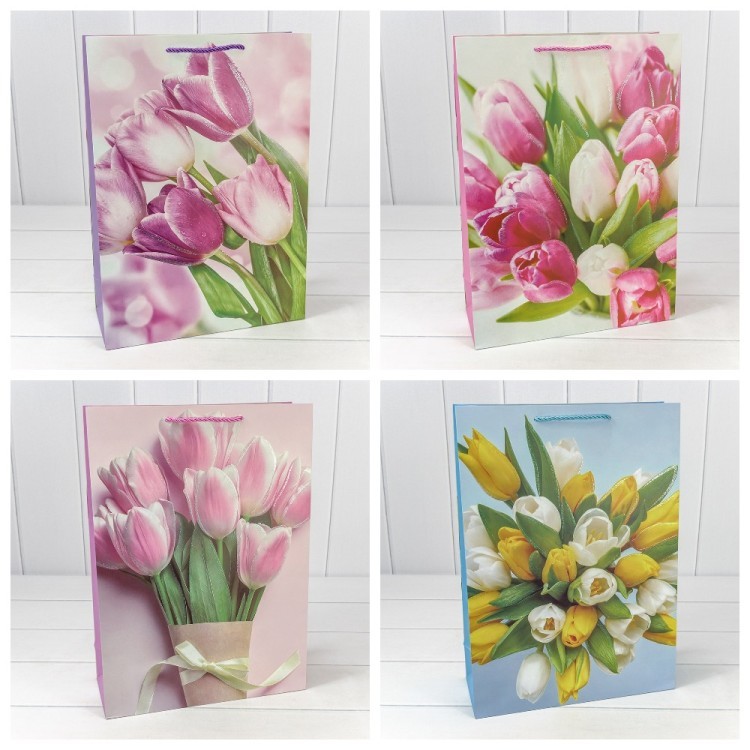 Пакет подарочный с блёстками "Тюльпаны" (микс) 30*41,5*12 210г 1/20 1/120 Арт: 000311A