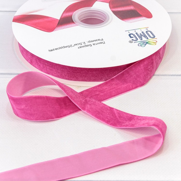 Лента Бархат 2,5см*25ярд Малиново-розовый 1/8 1/32 Арт: 592-25/09