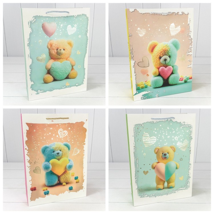 Пакет подарочный с тиснением "Мишки" (микс) 30*41,5*12 210г 1/20 1/120 Арт: 000314A