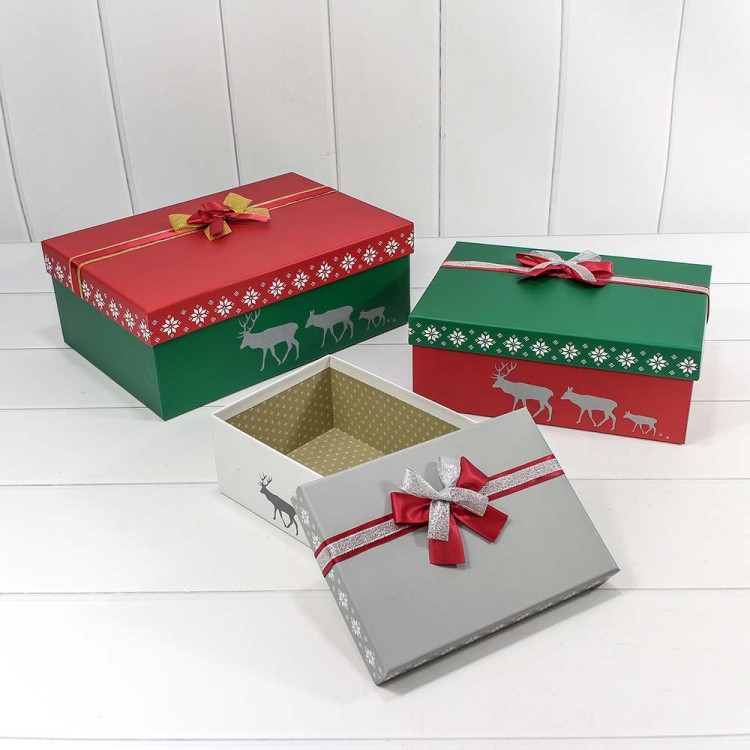 Коробки Прямоугольные Набор 1/3 33*23*12,5 с бантом "Новый год" Зелёный/Красный 1/20 Арт: 720300-260