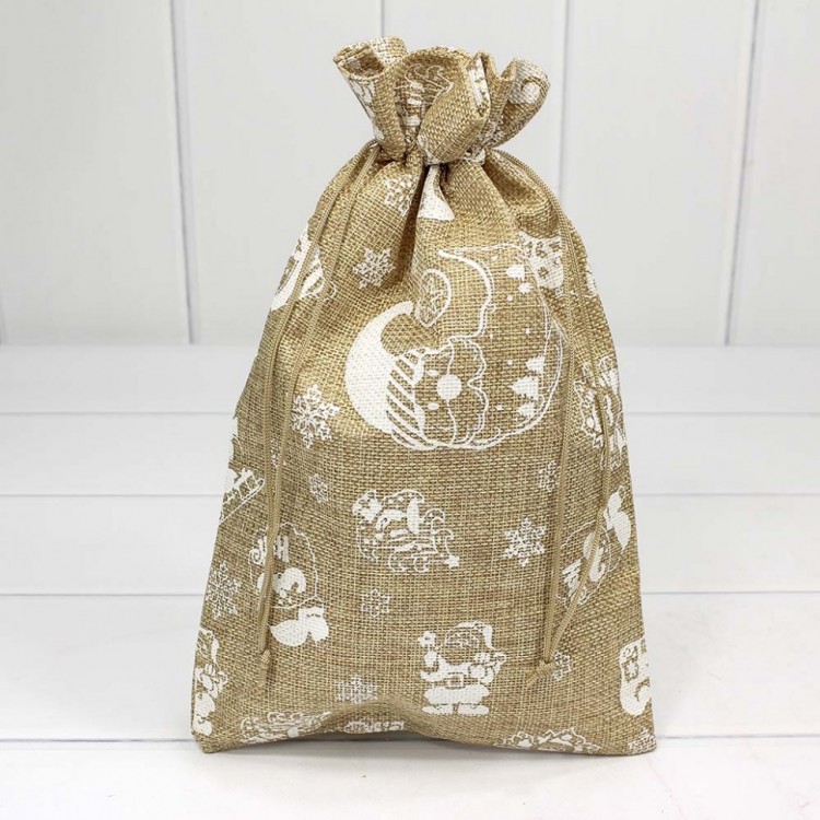 Мешочки из искусственного льна 20*30 с рисунком "Новый год" 1/25 1/500 Арт: 000807K/3