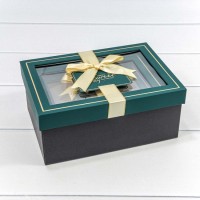 Коробки Прямоугольные Набор 1/3 22,5*16*9,5 с окошком и бантом Синевато-зелёный/Чёрный 1/20 Арт: 721309/6