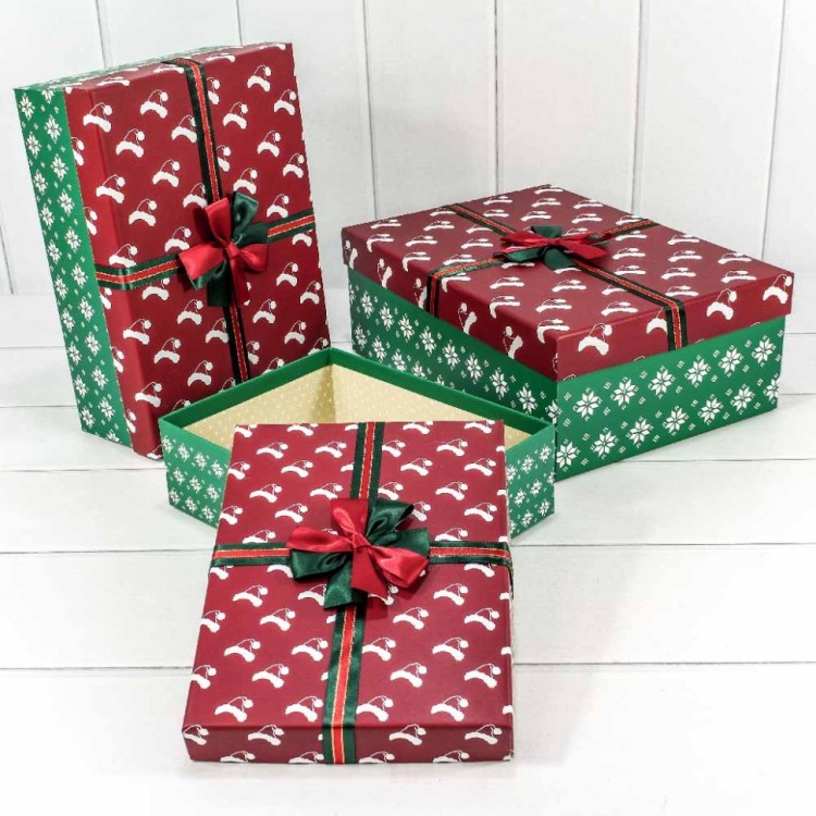 Коробки Прямоугольные Набор 1/3 35*25*12 "Новогодние шапочки" Красный/Зелёный 1/20 Арт: 720300-800