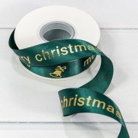 Лента Атласная Полиэстер "Merry Christmas" 2,5см*25ярд Зелёный 1/5 1/100 Арт: 540-25/3