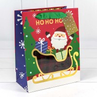 Пакет подарочный с окошком "Дед мороз на санках" Красный 18*23*10 1/20 1/180 Арт: 300381E