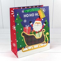 Пакет подарочный с окошком "Дед мороз на санках" Синий 26*32*13 1/20 1/120 Арт: 300380C