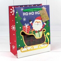 Пакет подарочный с окошком "Дед мороз на санках" Синий 18*23*10 1/20 1/180 Арт: 300380E